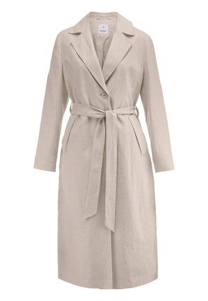 Beiger Trenchcoat mit langen Ärmeln, aufgeschlagenen Revers, Einzelknopfverschluss, Fronttaschen und einem Stoffgürtel, der in der Taille gebunden ist.