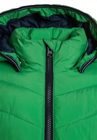 Veste rembourrée verte avec fermeture éclair noire, col haut et capuche attachée doublée de tissu foncé.