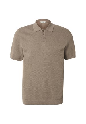 Beige gebreid poloshirt met korte mouwen, structuur, drie knopen en een kraag, afgebeeld op een effen witte achtergrond.