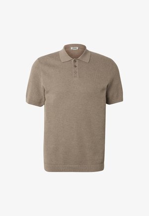 Short-sleeve beige textured knit polo shirt with three buttons and a collar, displayed on a plain white background.