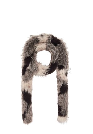 Long, soft faux fur scarf with a mix of gray, white, and black patches draped in a loop shape on a white background.
