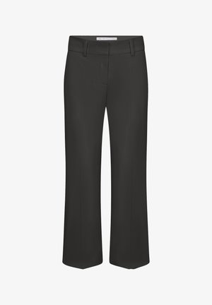 Schwarze gerade geschnittene Hose mit Gürtelschlaufen und einem vorderen Reißverschluss, flach auf weißem Hintergrund präsentiert.