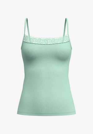 Mint green camisole with thin adjustable straps. Features a lace trim along the neckline. Smooth texture with a fitted shape.