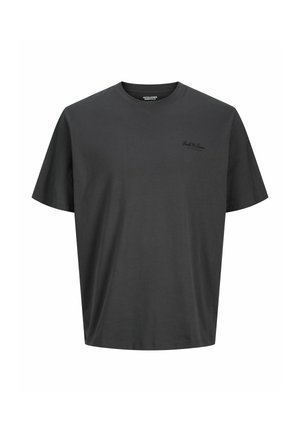 Dunkelgraues T-Shirt mit kurzen Ärmeln und Rundhalsausschnitt, mit kleinem schwarzem Logo auf der linken Brust und Standardpassform.