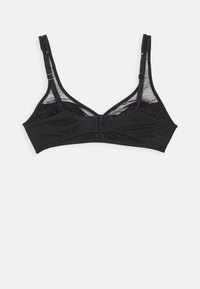 Svart bralette med tynne justerbare stropper, laget av myk stoff. Har trekantede kopper og en krok-lås på baksiden.