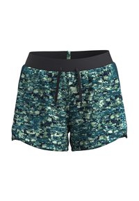Pantalones cortos deportivos en un patrón abstracto de azul-verde multicolor, con una cinturilla elástica negra con cordón y cortes laterales para mayor movilidad.