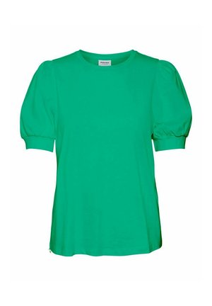 Green short-sleeve t-shirt with a round neckline and puffed sleeves. Made of soft fabric with a smooth texture and a relaxed fit.