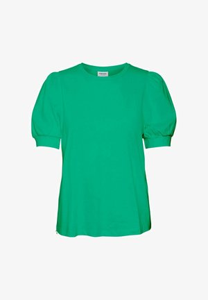 Zaļš īsām piedurknēm T-krekls ar apaļu kakla izgriezumu un puffētiem piedurkņiem. Izgatavots no mīkstas auduma ar gludu tekstūru un brīvu piegriezumu.