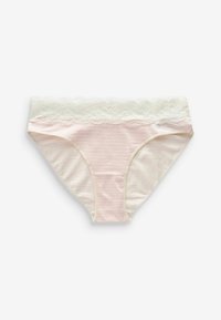 Gestreepte roze en crème vrouwenonderbroek met een witte kanten tailleband en elastische afwerking, met een gladde textuur en zachte stof.