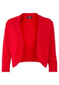 Cárdigan corto rojo hecho de material de punto, con frente abierto, mangas tres cuartos y una textura suave sin cierres visibles.
