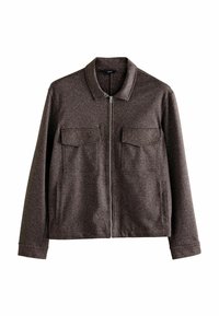 Bruine jas met ritssluiting en kraag, twee borstzakken en zakken in de zijnaden. Gestructureerde stof met een subtiel visgraatpatroon.