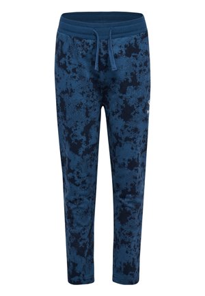 Navy blauwe joggingbroeken gemaakt van zachte stof, met een gestructureerd patroon, elastische tailleband en trekkoord, voorzien van een klein logoaccent.