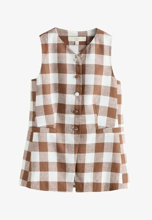 Vestă fără mâneci din in în carouri maro și alb, cu nasturi rotunzi pe partea din față și buzunare cu margini laterale.