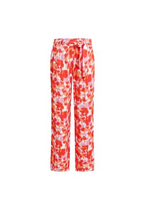 Bloemmotief broek in tinten rood en roze met een strikceintuur, rechte pijpen, lichtgewicht stof en levendige patronen.