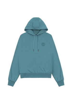 Blauwgroene pullover hoodie met voorste trekkoorden, geribde manchetten en zoom, en klein ingeblazen rond logo op de linkerborst.