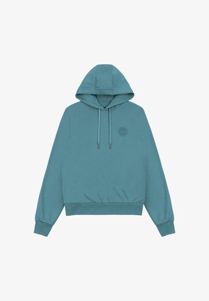Blauwgroene pullover hoodie met voorste trekkoorden, geribde manchetten en zoom, en klein ingeblazen rond logo op de linkerborst.