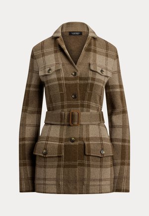 Brunternet plaid uldjakke med bælte i taljen, knaplukning foran og to brystlommer. Designet har en klassisk krave og struktureret stof.