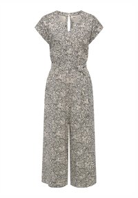 Jumpsuit lavet af let stof med et sort-hvidt bladmønster, korte ærmer og en nøglehul rygdetalje. Bred ben-design.