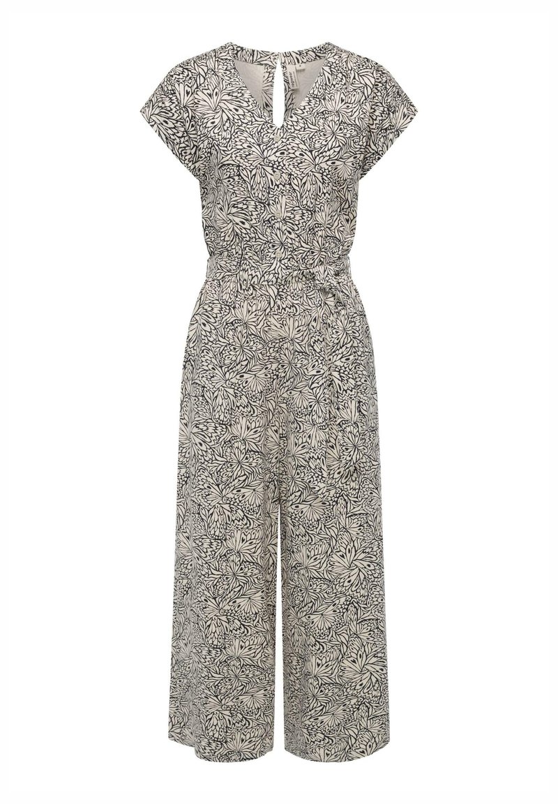 Jumpsuit lavet af let stof med et sort-hvidt bladmønster, korte ærmer og en nøglehul rygdetalje. Bred ben-design.