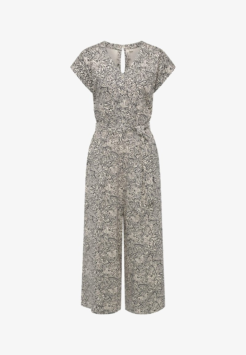 Jumpsuit made of lightweight fabric with a black and white leaf pattern, short sleeves, and a keyhole back detail. Wide-leg design.