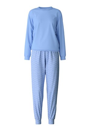 Set di pigiama blu chiaro composto da una maglietta a maniche lunghe e pantaloni di felpa con stampa. I pantaloni presentano un design a cuori bianchi. Tessuto morbido.