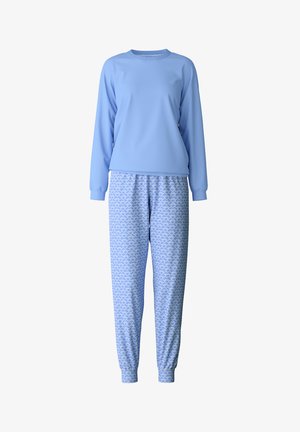Set di pigiama blu chiaro composto da una maglietta a maniche lunghe e pantaloni di felpa con stampa. I pantaloni presentano un design a cuori bianchi. Tessuto morbido.
