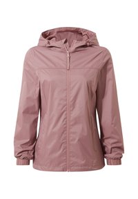 Light pink, waterproof jacket with a hood, front zipper, elastic cuffs, and a slightly shiny texture. Simple, sporty design.