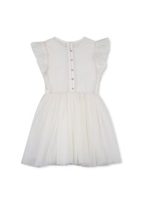 Λευκό φόρεμα με κοντά φουσκωτά μανίκια, εφαρμοστή μπούστα και πολλαπλό τούλινο φούστα. Διαθέτει κούμπωμα με κουμπιά και λείο ύφασμα.