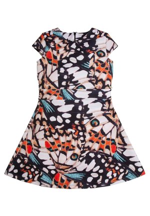 Kurzärmeliges Kleid mit Schmetterlingsmuster in Orange, Schwarz und Türkis. Strukturierte Form mit ausgestelltem Rock und tailliertem Oberkörper.