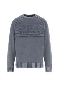 Maglione grigio lavorato a maglia con scollatura rotonda, caratterizzato da strisce orizzontali testurizzate e un logo prominente sul petto.