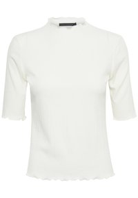 Bílý žebrovaný top s vysokým výstřihem a krátkými rukávy. Okraje jsou vroubkované, což přidává texturu a detail do designu.