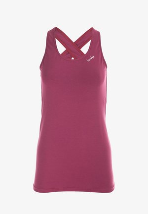 Lila sporttopp med korsade axelband, figursydd design och mjuk textur. Logotypen för märket visas på övre vänstra sidan.