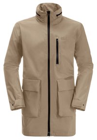 Beige wasserdichte Jacke mit hohem Kragen, Frontreißverschluss und zwei großen Fronttaschen. Verfügt über schwarze Akzente und verstellbare Manschetten.
