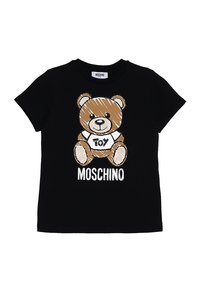 T-shirt nera in cotone con un orsetto stilizzato che indossa una maglietta con la scritta "Toy" e il testo "Moschino" sottostante in bianco. Maniche corte, scollo rotondo.