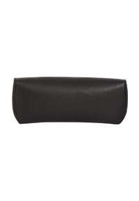 Smooth black leather eyeglass case with a curved shape and stitched edges, shown closed against a white background.