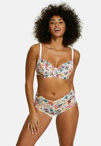 Floral lace bralette and matching shorts in multicolored pattern. Features scalloped edges and decorative front accents. Lightweight fabric.