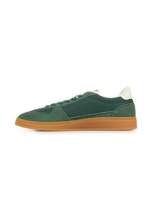 Sneaker verde in suede e rete a taglio basso, con linguetta del tallone bianca e suola in gomma color naturale, vista dal profilo sinistro.