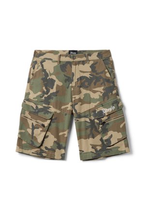 Camouflage cargoshorts met meerdere rits- en klepzakken, ceintuurlussen en wit geborduurd logo op de klep van de rechterzak.