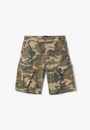 Pantaloncini cargo mimetici con multiple tasche con cerniera e a patta, passanti per cintura e logo bianco ricamato sulla patta della tasca destra.