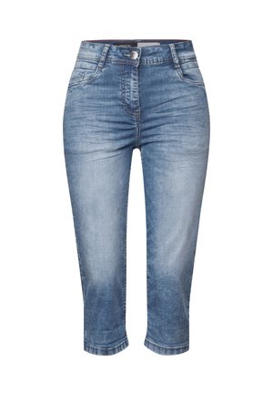 Denim capri pants in light blue. Features a fitted design, mid-rise waist, front pockets, and subtle fading for texture.