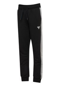 Sorte sweatpants med en grå side-stribe, elastisk talje og snøre. Har et lille hvidt logo på venstre lår. Blød stofstruktur.