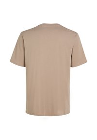 Beige bavlněné tričko s krátkým rukávem a kulatým výstřihem, hladká textura, uvolněný střih a rovný lem na spodní straně.