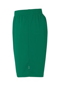 Shorts de sport verts avec une taille élastique, fabriqués en tissu léger, présentant une texture lisse et un design jusqu'aux genoux.