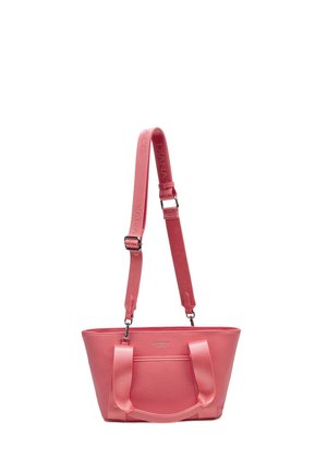 Pink leather handbag with dual handles and an adjustable shoulder strap featuring embossed text.