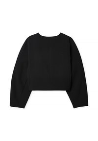 Črn skrajšani top iz gladkega materiala, z dolgimi rokavi in okroglim izrezom. Ravne šive so oblikovane v strukturirano silhueto.