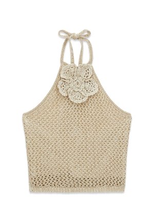 Haut dos nu beige en crochet avec motif ajouré et grand motif floral à l'encolure, noué avec des bretelles en nœud.