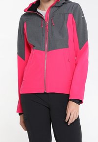 Giacca softshell rosa e grigia con chiusura a zip, cappuccio e due tasche frontali. Il materiale è liscio con un design sportivo.