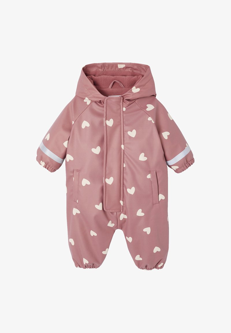 Pink waterproof overall with white heart patterns, a hood, elastic cuffs, and a front zipper. Features reflective accents and side pockets.