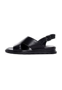 Sandali neri in pelle presentano un design a strappo incrociato, fibbia regolabile, punta aperta e suola testurizzata per una migliore aderenza.