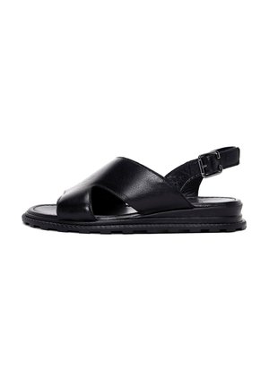 Sandali neri in pelle presentano un design a strappo incrociato, fibbia regolabile, punta aperta e suola testurizzata per una migliore aderenza.